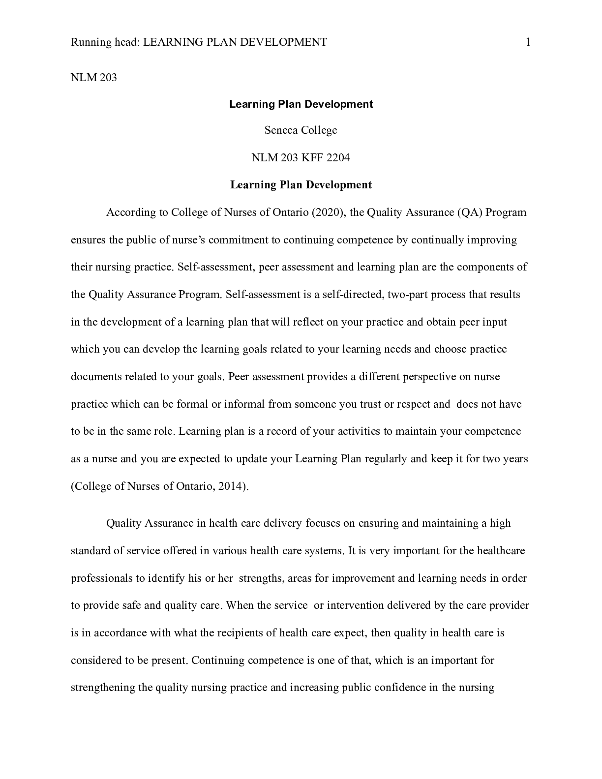 Preview image of 203 Learning Plan Development.docx  NLM 203  Learning Plan Development   Seneca College  N document